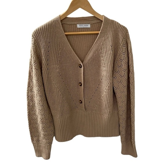 Kate Kasin Sweaters - Kate Kasin Size XL Button Up Knit Cardigan Long Sleeves Wide Waist Band Tan